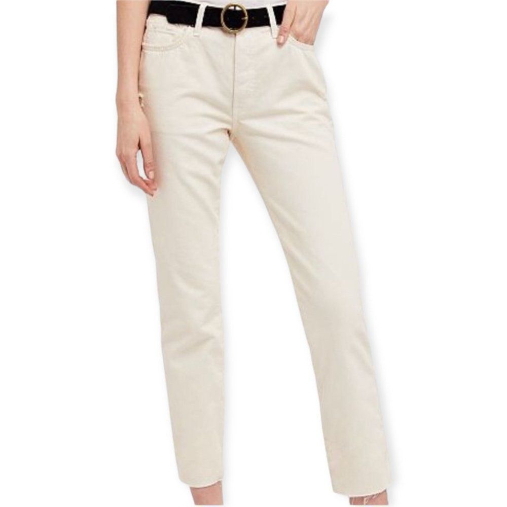Free People Ivory Mid Rise Straight Leg Fringe Cropped Jeans NEW